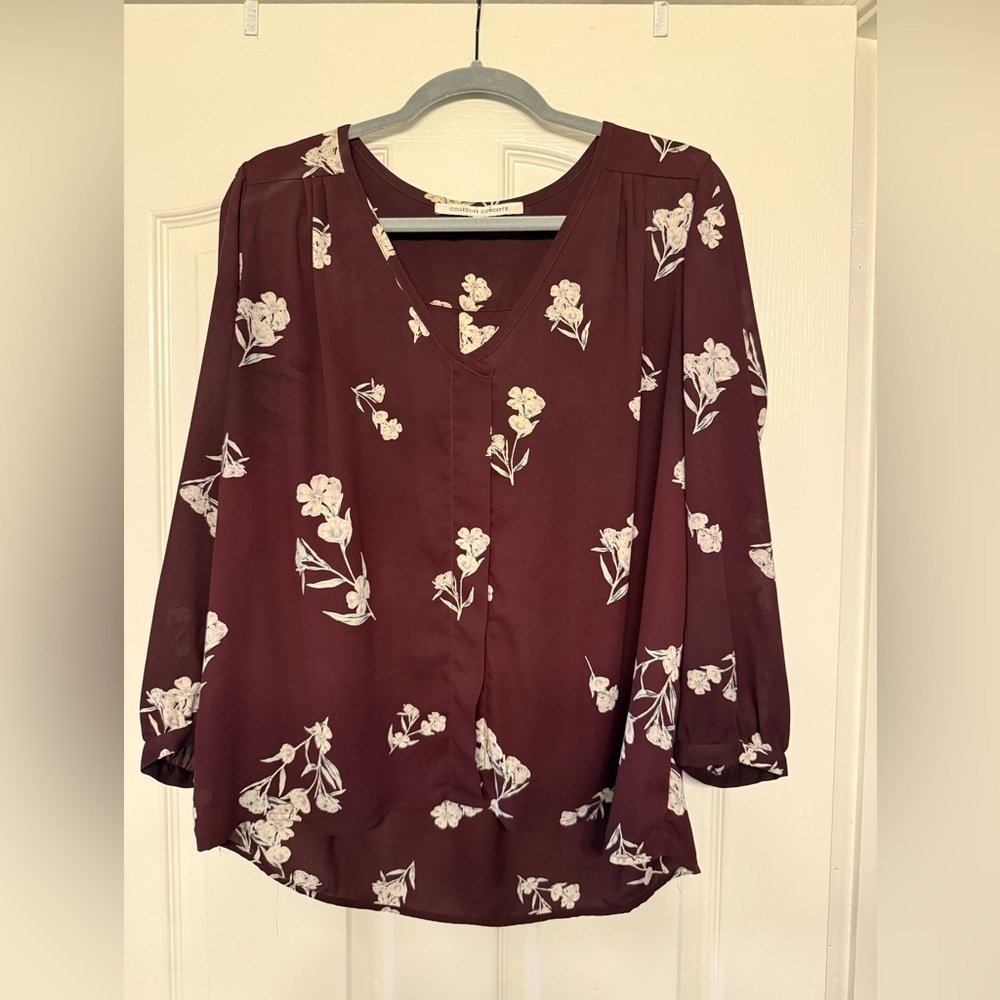 Collective Concepts Merlot Floral Blouse Sheer V-Neck Burgundy XL EUC - Picture 7 of 16